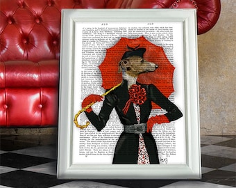 Estampado de galgo - Arte de perro con paraguas rojo en la página de un libro antiguo