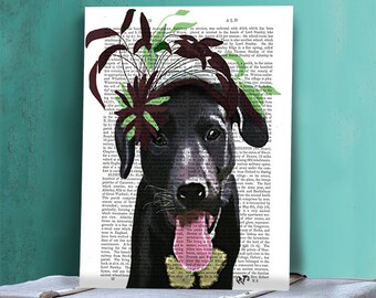 Black Labrador Green Hat - black lab art black lab print Labrador art labrador gifts labrador painting black lab painting cute dog print