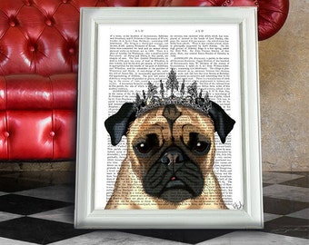 Pug illustration Pug with Tiara posh pug cute pug art print gift for pug lover gift for teen girl dog lover gift dog wall art classy dog