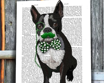 Boston Terrier Art Green Mustache - Boston Terrier print hond poster hond illustratie hond cadeau hond Print terrier kunst hond miner terriër cadeau