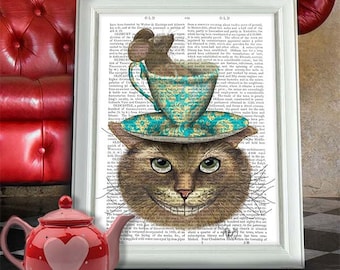 Alice in Wonderland Wall Art Cheshire Cat wall art Mad hatter tea party - Cheshire Cat & Teacup - Alice in wonderland poster alice birthday