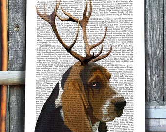 Basset Hound Print - Dog and Antlers Basset hound art print wall art funny dog print dorm room decor Cabin décor rustic lodge décor nursery