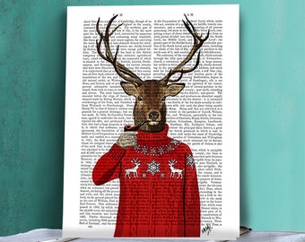 Deer in Ski Sweater - deer art print deer print Cabin décor Stag print deer wall art ski art ski lodge Cabin print cabin art man cave art