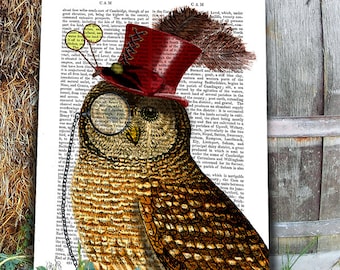 Steampunk Art Print, Steampunk Owl Art Book Page Wall Art Wall Decor Poster Owl in Top Hat