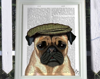 Pug Art Print - Flat Cap, Funny Dog Illustration