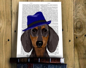 Dachshund with Blue Hat - dachshund print dachshund art Doxie Print dog with hat dog picture dachshund illustration dog picture dog print