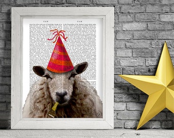 Party Sheep Giclée Art Print on Antiquarian Book Page