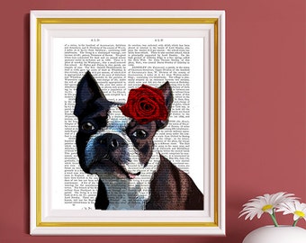 Boston Terrier Art, Rose on head, valentines dog gift boston terrier gift for boston terrier lover Romantic gift valentines gift for wife