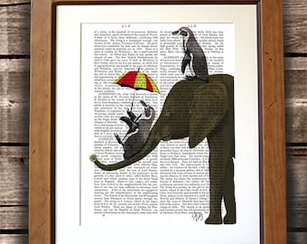 Penguins Sliding on Elephant Art Print – Whimsical Animal Illustration