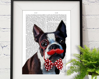 Boston Terrier Print, Red Mustache wall art gift for geek gift Mustache Art dog print nerdy artwork geek dad gift gift for terrier lover