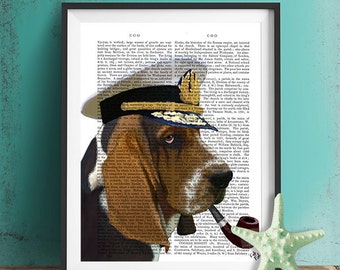 Basset Hound Sea Dog Print - Basset Hound Print Basset Hound art sailor hat sailor dog nautical print captains hat navy wife gift bloodhound