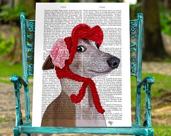 Greyhound Art Print - Red Hat dog poster dog decor dog illustration dog picture dog gift for dog lover dog Print dog art  greyhound print