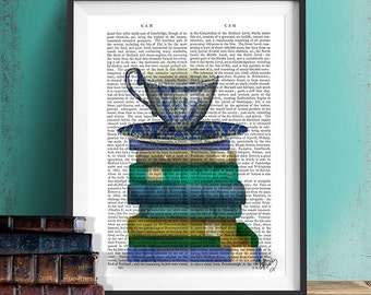 Teacup & Books - teacup print kitchen poster Country Kitchen art country kitchen style food print kitchen art tea cup print book lover nerd