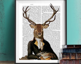 Deer & Chair, Deer Portrait deer iIllustration Mr Darcy regency style elegant deer print anthropomorphic deer in suit striking wall art