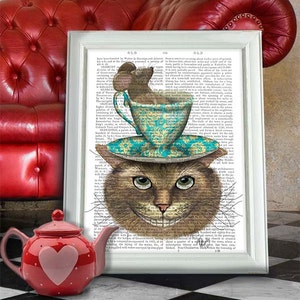 Alice in Wonderland Art, Cheshire Cat Teacup on Head Cheshire cat alice in wonderland print Mad hatter tea party decoration alice dormouse image 1