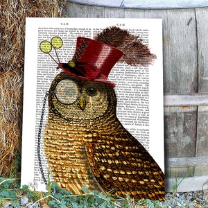 Owl with Top Hat, Wall Art Art Print Giclee Print Acrylic Painting Illustration Steampunk Owl wall art wall decor Wall Hanging image 1
