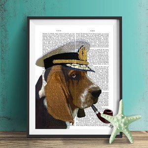 Basset Hound Sea Dog Print - Basset Hound Print Basset Hound art sailor hat sailor dog nautical print captains hat navy wife gift bloodhound