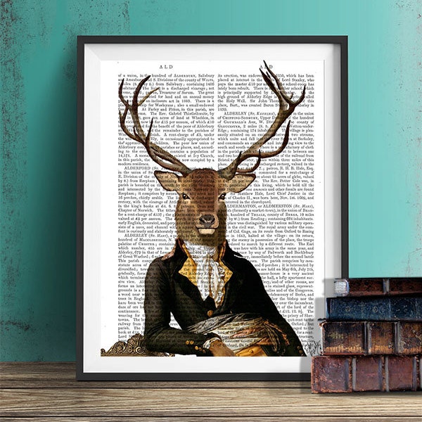 Deer & Chair, Deer Portrait deer iIllustration Mr Darcy regency style elegant deer print anthropomorphic deer in suit striking wall art