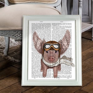 Aviator Pig Print – Flying Pig with Wings, Antiquarian Book Art