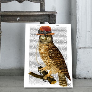 Steampunk  Owl On Branch & Hat Mixed Media Art Print Giclee Print Digital Original Illustration wall decor Wall art owl print owl picture