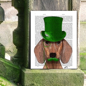 Red Dachshund Green Top Hat whimsical dog print Dog wall décor dog top hat classy dog wiener dog unique wedding gift idea teacher gift image 1