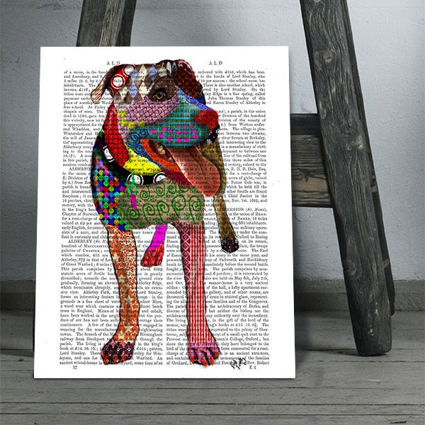 Estampado de Staffordshire Bull Terrier en patchwork, arte canino FabFunky
