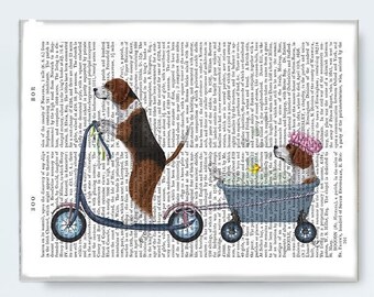 Restroom decor - Beagle scooter - Bathroom bathtime kids funny wall art dog print bath bubbles rubber duck fun washroom unique canvas gift