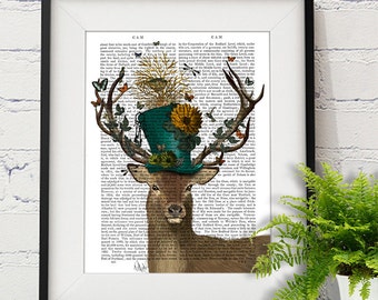Mad Hatter Deer Print – Alice in Wonderland Illustration on Antiquarian Book Page