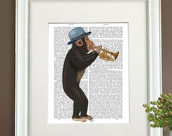 Monkey Print - Blue Hat & Trumpet - wall art wall decor Wall Hanging Nursery Art for Kids Room Décor monkey art jungle animal prints jazz
