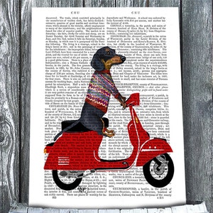 Dachshund Moped Print – Vintage Book Page Art