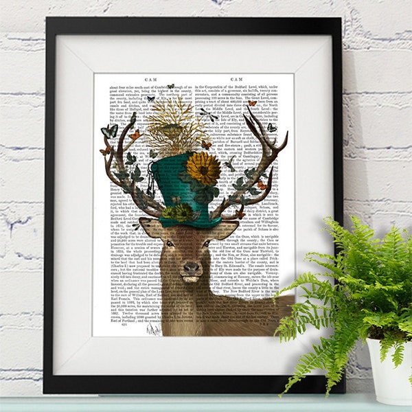 Deer Print - Mad Hatter Deer - Deer illustration deer Print Wall Art Wall Décor Wall Hanging Whimsical art Living room art print