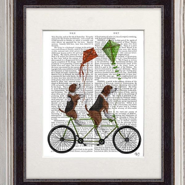Beagle print -  Beagle on tandem - Dog gifts for women Dog gift for her Bicycling Bicycle tandem Dog wall art Tandem bike Bike lover gift