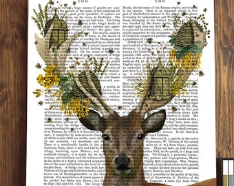 Bumble bee print - Deer and Beehives - yellow wall art summer art print deer picture honey bee gift