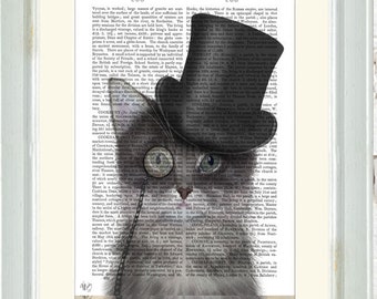 Grey Cat Wall Art - Top hat - Cat home decor cute gift cat lover gift Nursery Art for Kids Room Décor funny wall art Whimsical art