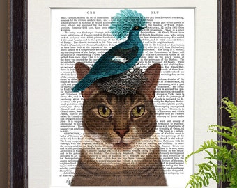 Calico Cat nest and Blue Bird print - Cat art print cat wall art cat print blue bird wall art blue art print pop surrealism lowbrow art