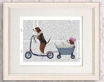 Beagle Scooter Print – FabFunky Dog Art on Antiquarian Book Page