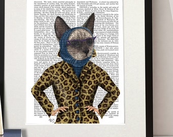 Grey Cat with Leopard Jacket - glamour puss fashion print teen girl gift cat lover gift girls room decor Cool kid gift cat glasses teenager