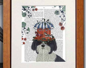 Shih Tzu Print - Milliner Dog Art on Antiquarian Book Page
