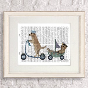 Wall art retriever - Golden retriever scooter - Retriever print Golden dog art Dog couple gift Dog humour Funny dog decor Dog illustration