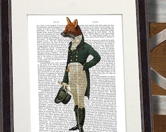 The Dandy Fox en la página del libro anticuario, Regency Style Animal Art Print, Jane Austin Style Print, Fox illustration