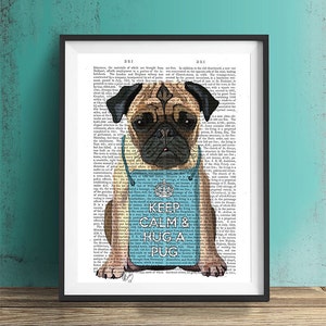 Pug Print - Hug a Pug - pug gift pug picture pug art pug poster Art Print Animal Painting pug illustration gift for pug lover pug owner dog