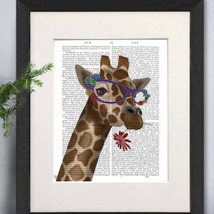 Giraffe art - Giraffe and flower glasses 2  - Giraffe print art Giraffe room decor Safari wall art Animal wall art Animal print Canvas art