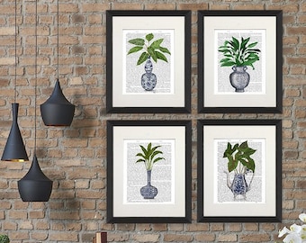 Set of 4 prints - Chinoiserie Vase group 1 - Southern style Ginger jar Tropical plant mix Collection of wall art Botanical East Asian decor