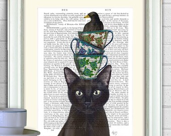 Black Cat portrait - cat with teacups and blackbird - whimsical cat print funny art print funny gift art for kids room  Decorative art