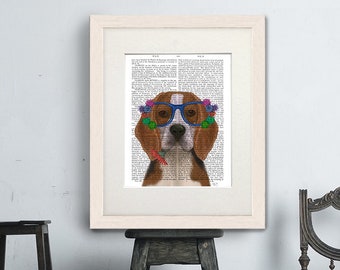 Beagle art - Beagle flower glasses - Beagle print Beagle gift Beagle mom Beagle lover Gift for pet lover Dog print poster Wall decor dog art