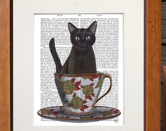 Black Cat Art print - cat in teacup print - tea lovers gift tea time tea party black cat print black cat gift for cat lover cute black cat