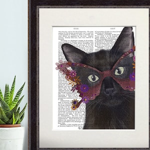 Schwarze Katze Kunstdruck - Schwarze Katze und Blume Brille - schwarze Katze Print schwarze Katze Geschenk für Katzenliebhaber schwarze Katze Bild