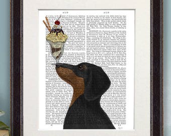 Gift for doxie lover -  Dachshund black and tan Ice cream dog - Dachshund gift ideas Doxie decor Doxie dog Dachshund art Dachshund artwork