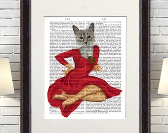 Grey cat art print - red dress white rose - anthro art anthropomorphic wall art cat print cat illustration funny cat poster cat décor