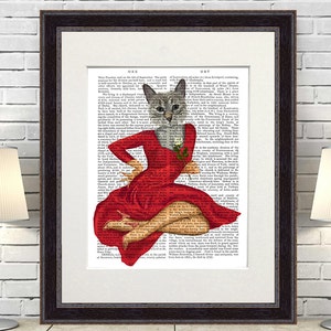 Grey Cat with White Rose Pretty cat in red dress grey cat print cat in clothes female cat gift for wife glamour puss Valentines gift for her
